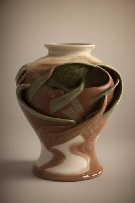 Illuminate a splendid ceramic pottery, crafted from earth-toned clay, adorned with intricate floral patterns. Let the scene be graced by soft, diffused sunlight streaming through large windows, casting warm and gentle rays on the pottery. Take inspiration from the delicate touch of Hokusai, fusing minimalist elegance with detailed organic motifs. Render it using watercolor on paper, capturing the essence of an artisanal still life. Embrace subdued earth tones, featuring warm browns, soft greens, and gentle yellows in the color palette. Situate the pottery on a rustic wooden tabletop amidst natural elements, within a cozy, sunlit cottage overlooking a serene garden. Utilize 3D rendering techniques with an organic touch to convey intricate detailing.  <lora:add_detail:0.4> <lora:more_details:0.4>