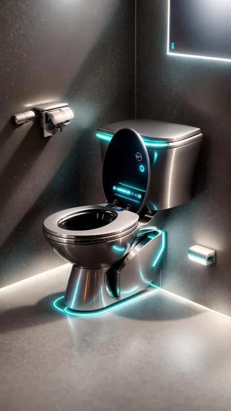 A futuristic toilet sits gracefully in the middle of a high-tech restroom in the city of the future. The toilet is designed with sleek and minimalistic aesthetics, made of stainless steel and glass, emanating a soft neon glow. As people approach it, the toilet activates its self-cleaning and auto-sanitizing mechanisms, creating an efficient and convenient experience. The touch-sensitive interface adds a modern touch to the whole setup. The digital rendering emphasizes every intricate detail, resulting in a high-definition 4K image that showcases the toilet's futuristic allure. <lora:more_details:0.4> <lora:add_detail:0.4> <lora:AntimatterTech:0.4> <lora:Neonpunkai-8:0.6>