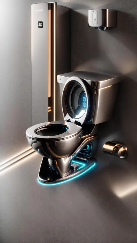 A futuristic toilet sits gracefully in the middle of a high-tech restroom in the city of the future. The toilet is designed with sleek and minimalistic aesthetics, made of stainless steel and glass, emanating a soft neon glow. As people approach it, the toilet activates its self-cleaning and auto-sanitizing mechanisms, creating an efficient and convenient experience. The touch-sensitive interface adds a modern touch to the whole setup. The digital rendering emphasizes every intricate detail, resulting in a high-definition 4K image that showcases the toilet's futuristic allure. <lora:more_details:0.4> <lora:add_detail:0.4> <lora:AntimatterTech:0.4> <lora:Neonpunkai-8:0.6>