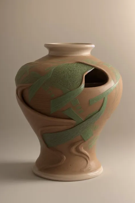 Illuminate a splendid ceramic pottery, crafted from earth-toned clay, adorned with intricate floral patterns. Let the scene be graced by soft, diffused sunlight streaming through large windows, casting warm and gentle rays on the pottery. Take inspiration from the delicate touch of Hokusai, fusing minimalist elegance with detailed organic motifs. Render it using watercolor on paper, capturing the essence of an artisanal still life. Embrace subdued earth tones, featuring warm browns, soft greens, and gentle yellows in the color palette. Situate the pottery on a rustic wooden tabletop amidst natural elements, within a cozy, sunlit cottage overlooking a serene garden. Utilize 3D rendering techniques with an organic touch to convey intricate detailing.  <lora:add_detail:0.4> <lora:more_details:0.4>