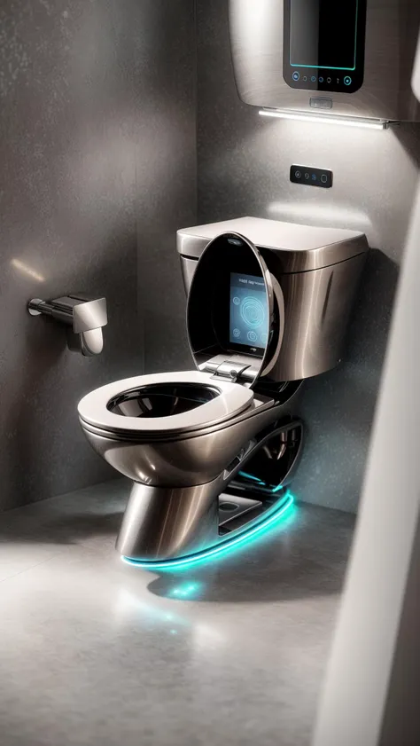 A futuristic toilet sits gracefully in the middle of a high-tech restroom in the city of the future. The toilet is designed with sleek and minimalistic aesthetics, made of stainless steel and glass, emanating a soft neon glow. As people approach it, the toilet activates its self-cleaning and auto-sanitizing mechanisms, creating an efficient and convenient experience. The touch-sensitive interface adds a modern touch to the whole setup. The digital rendering emphasizes every intricate detail, resulting in a high-definition 4K image that showcases the toilet's futuristic allure. <lora:more_details:0.4> <lora:add_detail:0.4> <lora:AntimatterTech:0.4> <lora:Neonpunkai-8:0.6>