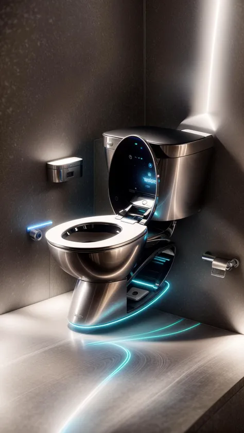 A futuristic toilet sits gracefully in the middle of a high-tech restroom in the city of the future. The toilet is designed with sleek and minimalistic aesthetics, made of stainless steel and glass, emanating a soft neon glow. As people approach it, the toilet activates its self-cleaning and auto-sanitizing mechanisms, creating an efficient and convenient experience. The touch-sensitive interface adds a modern touch to the whole setup. The digital rendering emphasizes every intricate detail, resulting in a high-definition 4K image that showcases the toilet's futuristic allure. <lora:more_details:0.4> <lora:add_detail:0.4> <lora:AntimatterTech:0.4> <lora:Neonpunkai-8:0.6>