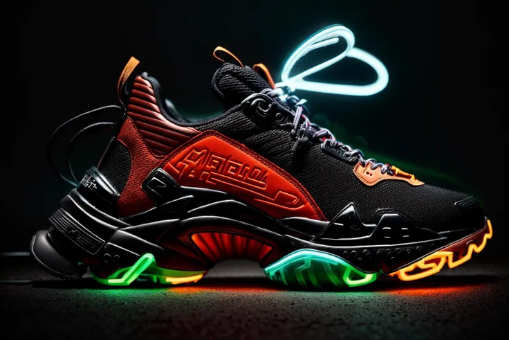 A futuristic men's sneaker hovers elegantly in mid-air amidst a neon-lit urban cityscape. The shoe is an abstract geometric form with vibrant colors of neon green,orange,and red,and it emits a dynamic and awe-inspiring glow. The design showcases a minimalistic yet striking sci-fi style,rendered in high-definition 3D with meticulous attention to detail, <lora:add_detail:0.4> <lora:more_details:0.4> <lora:AntimatterTech:0.8>