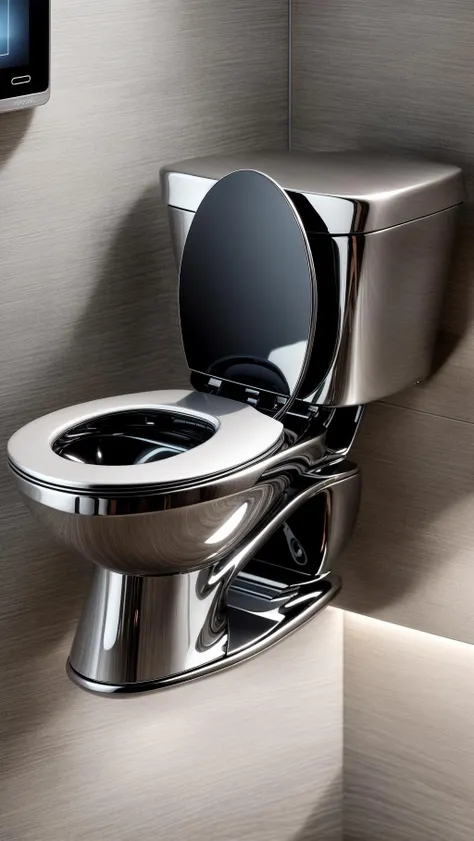 A futuristic toilet sits gracefully in the middle of a high-tech restroom in the city of the future. The toilet is designed with sleek and minimalistic aesthetics, made of stainless steel and glass, emanating a soft neon glow. As people approach it, the toilet activates its self-cleaning and auto-sanitizing mechanisms, creating an efficient and convenient experience. The touch-sensitive interface adds a modern touch to the whole setup. The digital rendering emphasizes every intricate detail, resulting in a high-definition 4K image that showcases the toilet's futuristic allure. <lora:more_details:0.4> <lora:add_detail:0.4> <lora:AntimatterTech:0.4>