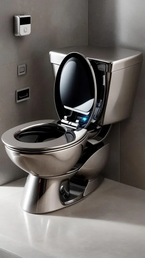 A futuristic toilet sits gracefully in the middle of a high-tech restroom in the city of the future. The toilet is designed with sleek and minimalistic aesthetics, made of stainless steel and glass, emanating a soft neon glow. As people approach it, the toilet activates its self-cleaning and auto-sanitizing mechanisms, creating an efficient and convenient experience. The touch-sensitive interface adds a modern touch to the whole setup. The digital rendering emphasizes every intricate detail, resulting in a high-definition 4K image that showcases the toilet's futuristic allure. <lora:more_details:0.4> <lora:add_detail:0.4> <lora:AntimatterTech:0.4>