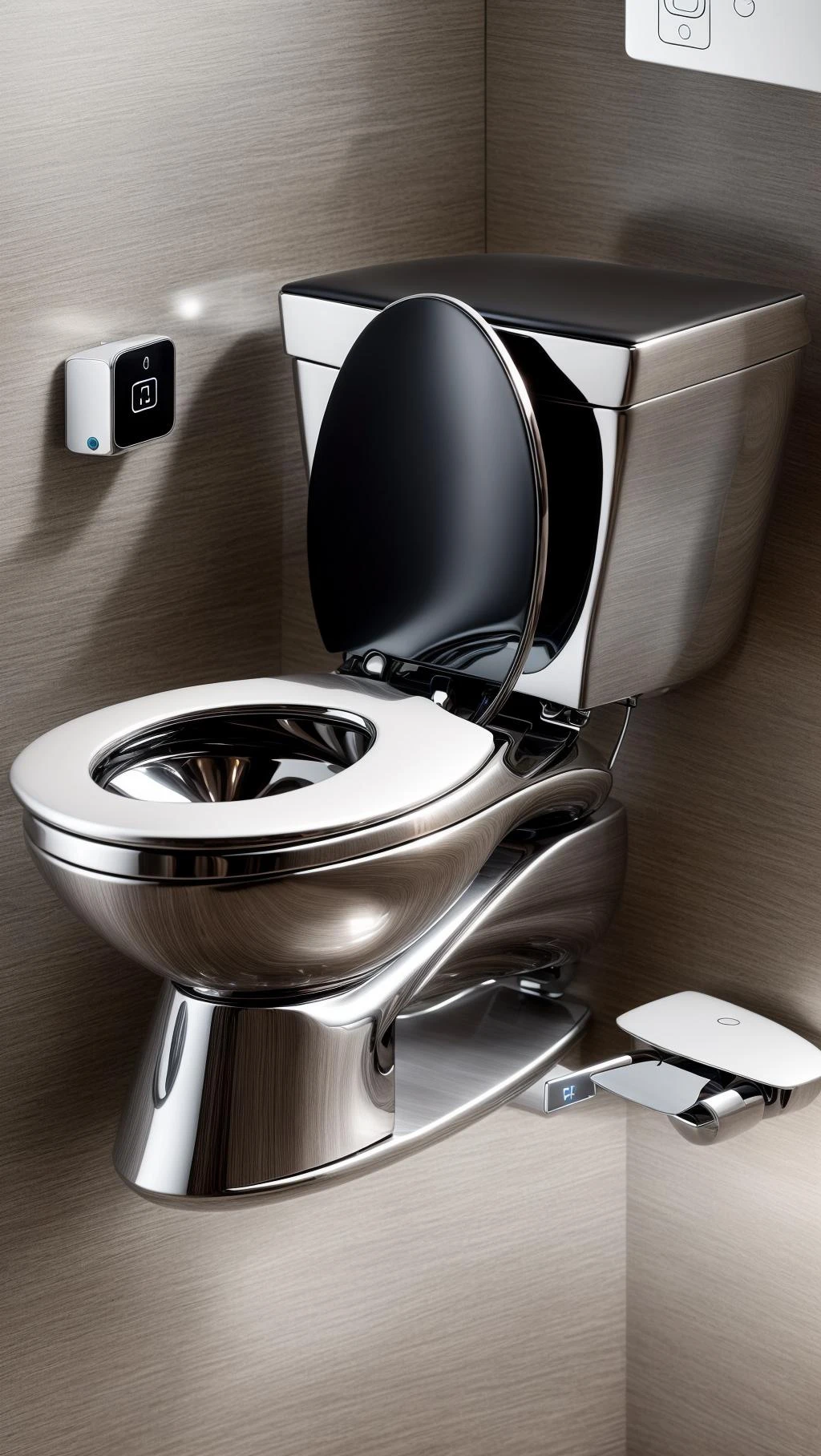 A futuristic toilet sits gracefully in the middle of a high-tech restroom in the city of the future. The toilet is designed with sleek and minimalistic aesthetics, made of stainless steel and glass, emanating a soft neon glow. As people approach it, the toilet activates its self-cleaning and auto-sanitizing mechanisms, creating an efficient and convenient experience. The touch-sensitive interface adds a modern touch to the whole setup. The digital rendering emphasizes every intricate detail, resulting in a high-definition 4K image that showcases the toilet's futuristic allure. <lora:more_details:0.4> <lora:add_detail:0.4> <lora:AntimatterTech:0.4>