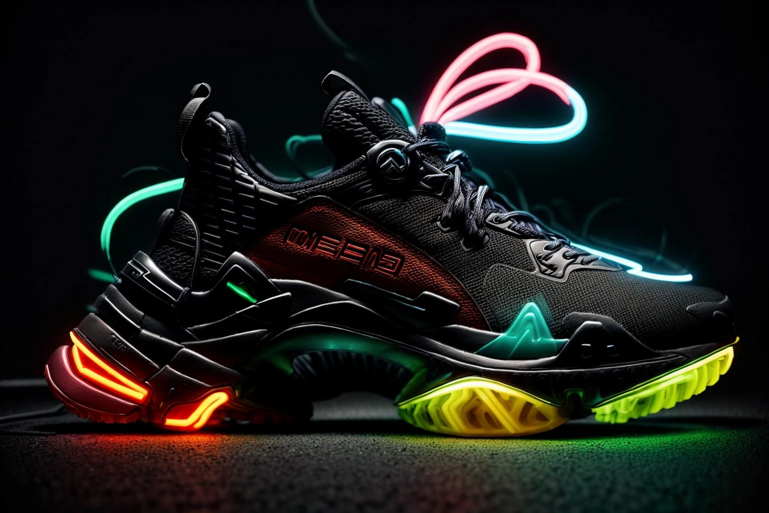 A futuristic men's sneaker hovers elegantly in mid-air amidst a neon-lit urban cityscape. The shoe is an abstract geometric form with vibrant colors of neon green,orange,and red,and it emits a dynamic and awe-inspiring glow. The design showcases a minimalistic yet striking sci-fi style,rendered in high-definition 3D with meticulous attention to detail, <lora:add_detail:0.4> <lora:more_details:0.4> <lora:AntimatterTech:0.8>
