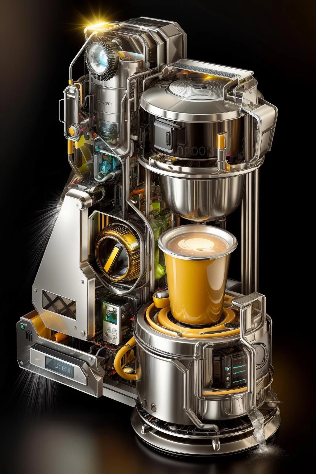 A modern family water purifier is depicted in a contemporary home. The purifier is shown filtering and purifying water, situated in a clean and organized kitchen setting. The scene is illuminated with bright and warm natural light, evoking feelings of comfort, cleanliness, and satisfaction. The artwork is created using digital illustration in a minimalistic and modern style. The color scheme features vibrant colors with an emphasis on brightness, making the image visually appealing. The computer graphics used in this illustration result in clean and crisp digital rendering, ensuring high definition and 4K resolution. <lora:EnergyDrinkTech:0.5> <lora:more_details:0.4> <lora:add_detail:0.4> <lora:AntimatterTech:0.4>