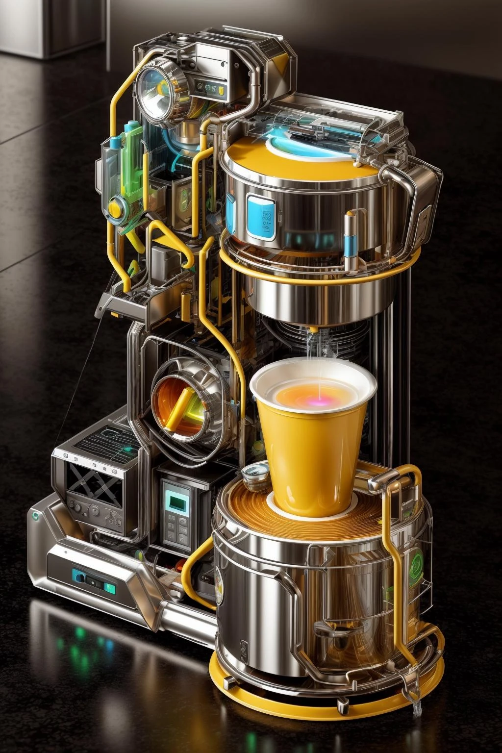 A modern family water purifier is depicted in a contemporary home. The purifier is shown filtering and purifying water, situated in a clean and organized kitchen setting. The scene is illuminated with bright and warm natural light, evoking feelings of comfort, cleanliness, and satisfaction. The artwork is created using digital illustration in a minimalistic and modern style. The color scheme features vibrant colors with an emphasis on brightness, making the image visually appealing. The computer graphics used in this illustration result in clean and crisp digital rendering, ensuring high definition and 4K resolution. <lora:EnergyDrinkTech:0.5> <lora:more_details:0.4> <lora:add_detail:0.4> <lora:AntimatterTech:0.4>