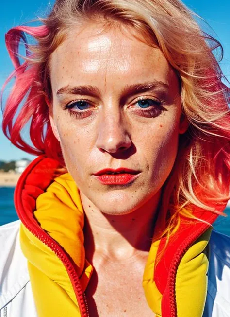 portrait of sks woman in Sydney, at Bondi Beach, by Flora Borsi, style by Flora Borsi, bold, bright colours, ((Flora Borsi)), by Jimmy Nelson, <lora:locon_chloesevigny_v1_from_v1_64_32:1>