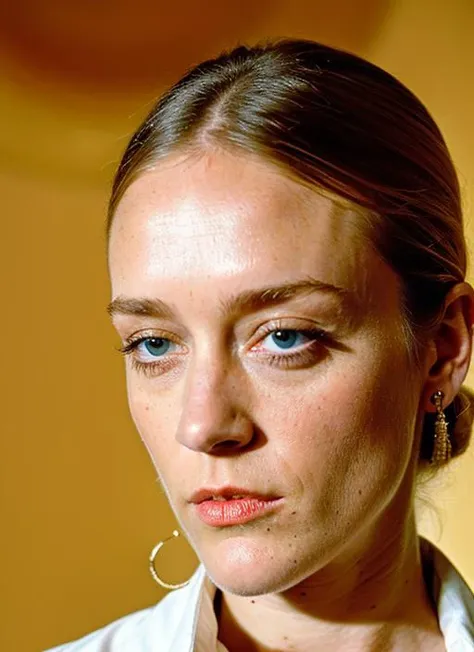 A stunning intricate color close up portrait of (sks woman:1) , wearing Peplum blouse and pencil skirt, epic character composition, sharp focus, natural lighting, subsurface scattering, f2, 35mm, film grain, , by Tim Walker, <lora:locon_chloesevigny_v1_from_v1_64_32:1>