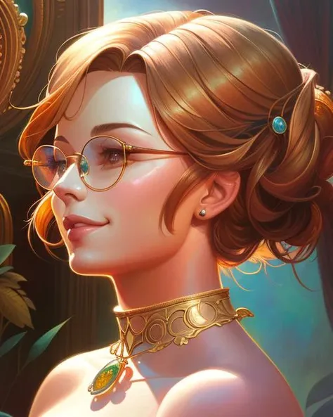 a young woman in in round bronze glasses, choker, blond hair, smile, beautiful painting by artgerm and greg rutkowski and alphonse mucha