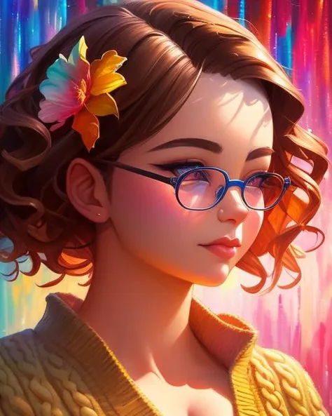 art by Mandy Jurgens and (Alex Grey:1) and (Brandon Woelfel:1) and (Leonid Afremov:1) and Josephine Wall, dreamlikeart, masterpiece, portrait, stunningly beautiful 1girl, (cute:1.1), beautiful feminine face, medium breasts, cleavage, round glasses, thick sweater, nerdy, wavy brown hair, autumn, horny, blushing