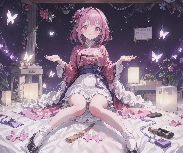 1 girl, mid shot, full body,(masterpiece:1.3), (intricate_details:1.3), (high resolution:1.2), (8k_resoultion:1.1), (high quality:1.2), (distinct_image:1.1), (finely detailed:1.1) ,lucid,solo focus, shiny hair, pink hair,pink eyes,shiny skin, short hair, hanbok,korean clothes,bedroom,window,river, castle,belfry,bell tower,clock tower,night,night sky,night time,shooting stars,floral print, butterfly,lookig down with disdain, pureerosface_v1