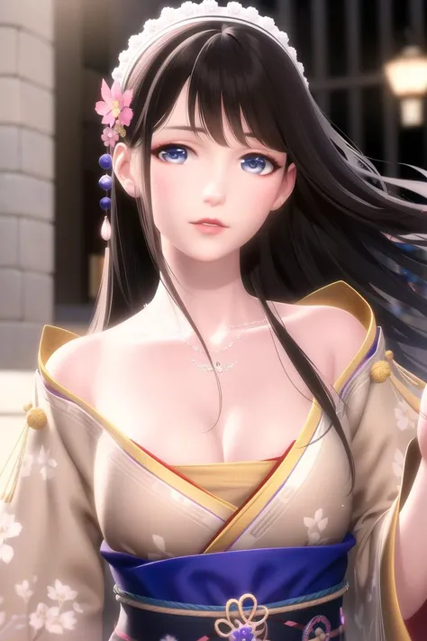 Best quality, masterpiece, ultra high res, (photorealistic:1.4), 8K raw photo, (fractal art:1.4), cinematic lighting, rim lighting, highly detailed, official art, flawless, sharp focus, deep shadow, low key, depth of field, exquisite details and textures, delicate and beautiful, absurdres,pretty young girl,city, extremely detailed face, beautiful elegant face, detailed eyes, blue eyes, (thin lips), collarbone, realistic hair, detailed long hair, hair blowing in the wind, hair accessories, hair ornament, , hanfu,(beautiful and aesthetic:1.2), slim waist, perfect female figure,necklace, jewelry,(looking at viewer), <lora:nikki:0.8>