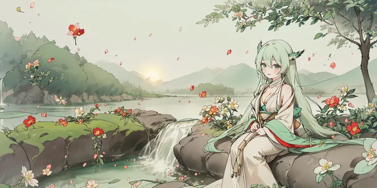 1girl, breasts, solo, cleavage, onmyoji, kinnara, blue_sky, dappled_sunlight, day,dress, flower,smile, masterpiece, best quality, chibi style, large breasts, grass, green_dress, green_eyes, green_hair, leaf, long_hair, looking_at_viewer, nature, outdoors, petals, river,scenery, sitting, sky, solo, sunlight, tree, very_long_hair, water, waterfall, rating:safe,<lora:shuimobysimV3:0.2> <lora:shuV2:0.3> <lora:add_detail:0.3> <lora:C_gongbi:0.3> <lora:Kinnara:0.9>, masterpiece, best quality,