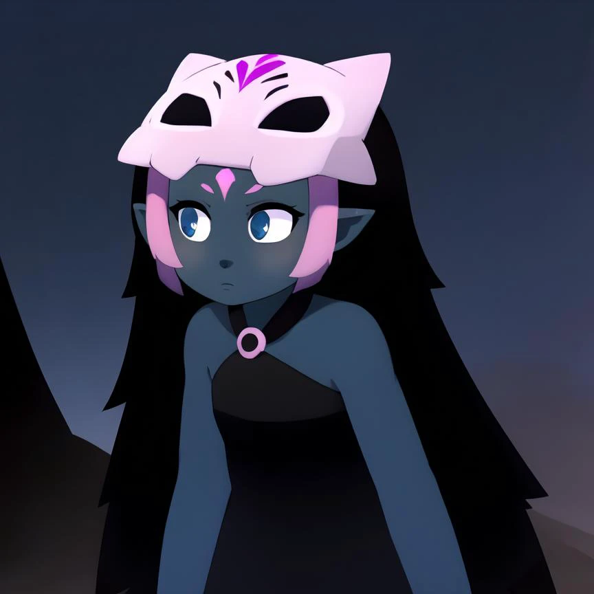 Coqueline, masterpiece, best quality, blue eyes, blue skin, pink hair, forehead mark, pointy ears, black hair, two tone hair, long hair, mask on head, mask, halterneck, black dress, fur trim, black long dress, skull, expressionless, outdoor, forest, night, <lora:Coqueline:1>