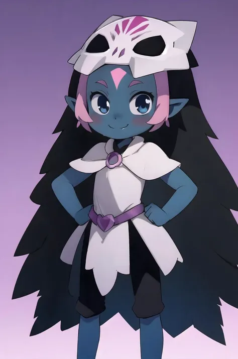 Coqueline, masterpiece, best quality, blue eyes, blue skin, pink hair, forehead mark, pointy ears, black hair, two tone hair, long hair, barefoot, mask on head, mask, skull, black armor, fur cape, black pants, smile, hands on hips, simple background, looking at viewer, smile, blushing <lora:Coqueline:0.85>