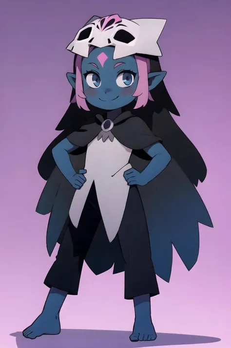 Coqueline, masterpiece, best quality, blue eyes, blue skin, pink hair, forehead mark, pointy ears, black hair, two tone hair, long hair, barefoot, mask on head, mask, skull, black armor, fur cape, black pants, smile, hands on hips, simple background, looking at viewer, smile, blushing <lora:Coqueline:0.85>