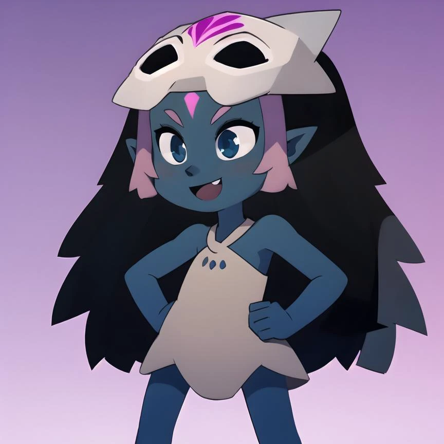 Coqueline, masterpiece, best quality, blue eyes, blue skin, pink hair, forehead mark, pointy ears, black hair, two tone hair, long hair, barefoot, mask on head,mask, short beige dress, sleeveless, bare shoulders, halterneck, skull, :D, hands on hips, simple background fangs <lora:Coqueline:1>