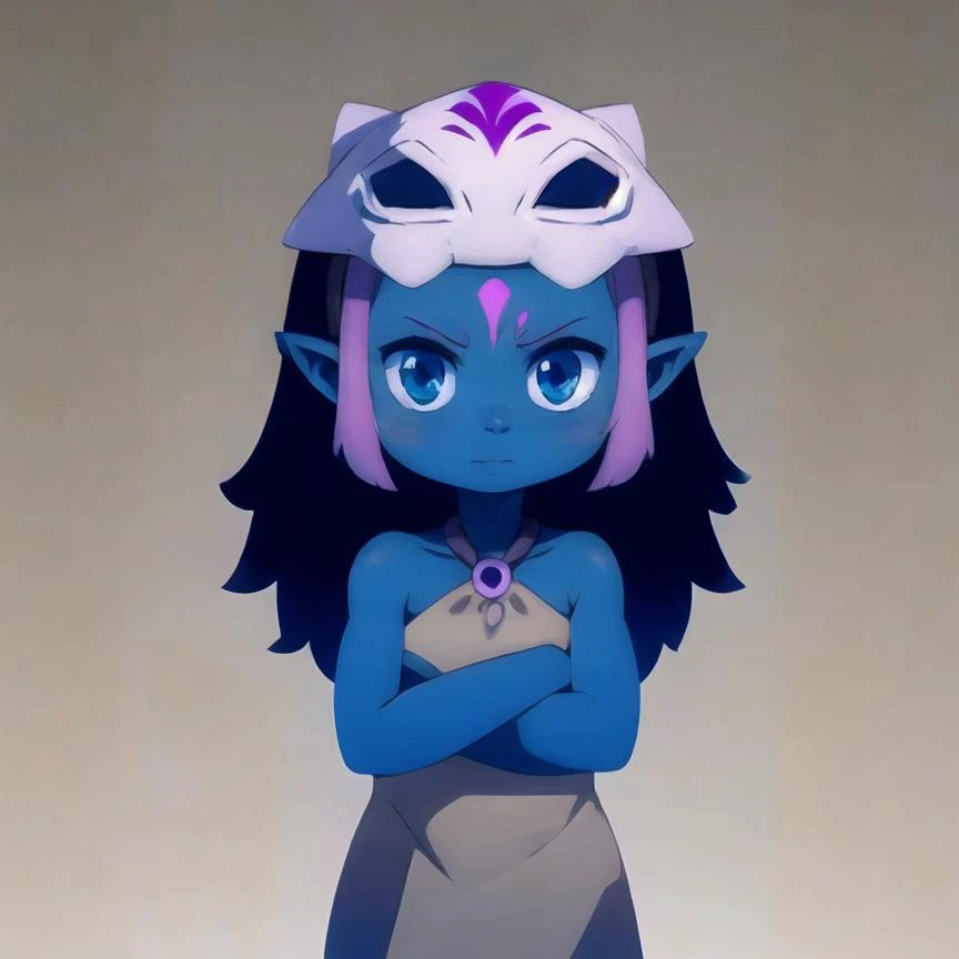 Coqueline, masterpiece, best quality, blue eyes, blue skin, pink hair, forehead mark, pointy ears, black hair, two tone hair, long hair, barefoot, mask on head,mask, short beige dress, sleeveless, bare shoulders, halterneck, skull, crossed arms, smug, looking at viewer, simple background <lora:Coqueline:1>