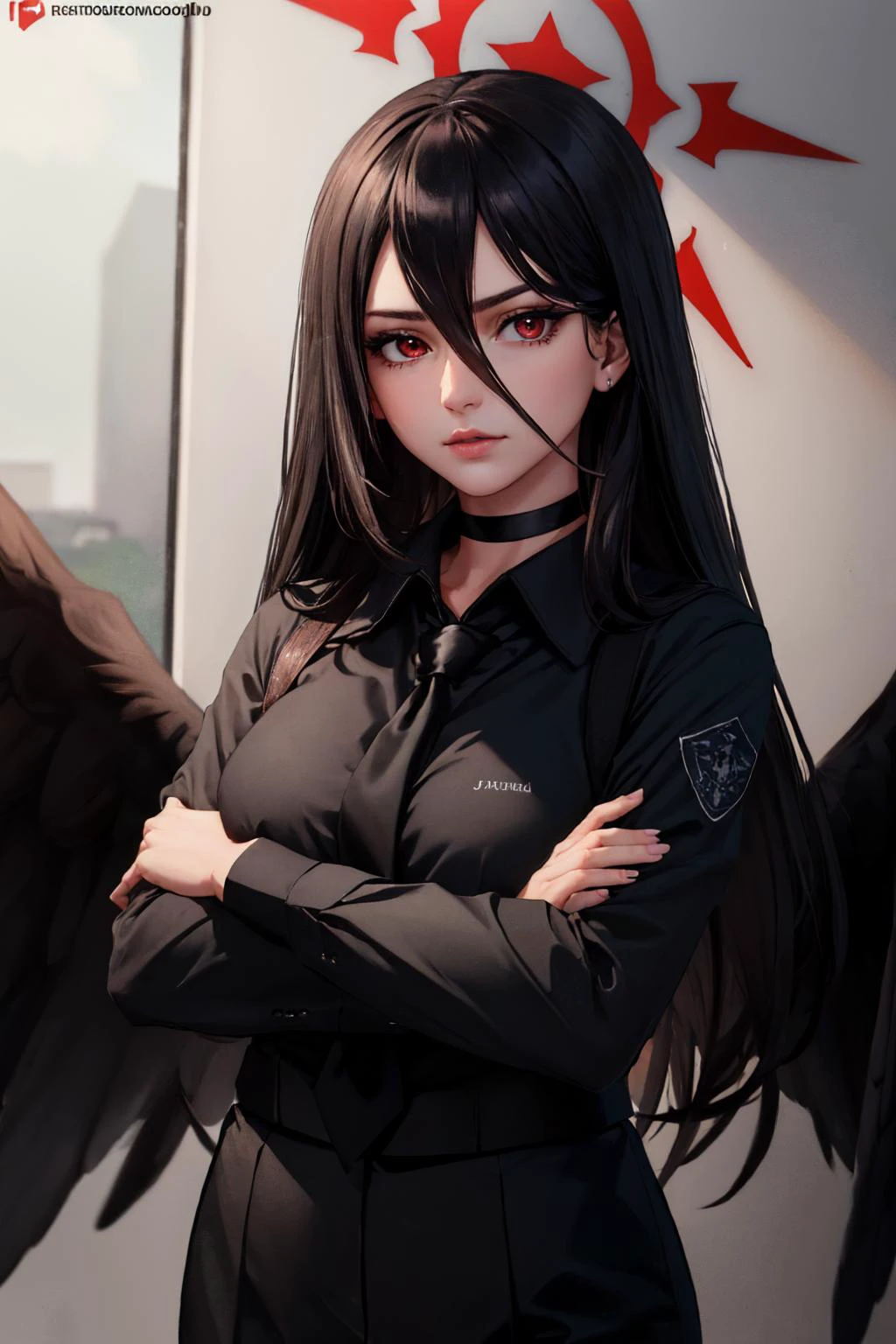 (masterpiece, best quality:1.2), solo, 1girl, jelohasumirnd, expressionless, looking at viewer, crossed arms, halo, allblacksuit, black shirt, black necktie, black wings, choker <lora:hasumi_all-outfits:0.8> <lora:attire_allblacksuit-12:1>