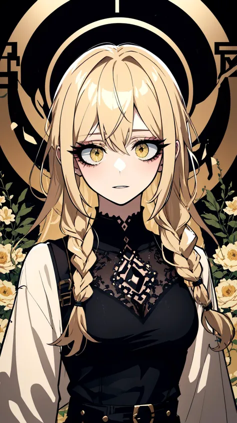 1girl, solo, looking at viewer, pale skin, upper body, flowing dress, flower garden, round fringe, fishtail braid, absurdly long hair, honey blonde hair, hair tendrils, yellow eyes, medium breasts, <lora:eyecolle_bougainvillea_v100:1.2>, <lora:eyecolle_begonia_v100:1.2>, <lora:horikoshi_kouhei-000030:.5>, horikoshi kouhei, boku no hero academia, <lora:GoodHands-beta2:1>, <lora:leco_pale_skin_last:0.1>, <lora:fashion:0.4>, dark circles under eyes, bags under eyes, dark eye bags, goth makeup, (((eyeliner:1.1))), (((dark eyeshadow:1.2))), <lora:bags_under_eyes_v1:0.4>, bags_under_eyes, <lora:bags under eyes-000009:0.5>, Bags under eyes, <lora:age_slider_v2:2.1>,