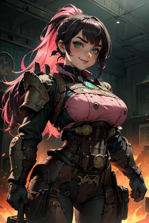 highres, masterpiece, perfect lighting, bloom, cinematic lighting, adult, female, looking at viewer, dynamic pose, (RSEEmma:1.5),<lora:RSERomantic_RSESofiko_RSEEmma-v1:0.3>, pink steampunkai edgHalo_armor, pink steampunkai power armor, wearing pink steampunkai edgHalo_armor, vivid green eyes, thick eyebrows, freckles, bangs, black hair:pink hair, long flowing hair, ponytail, :), smile, <lora:edgHaloArmors:1> <lyco:PunkBundleAI:0.4>
