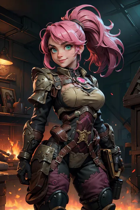 highres, masterpiece, perfect lighting, bloom, cinematic lighting, adult, female, looking at viewer, dynamic pose, (RSEEmma:1.5),<lora:RSERomantic_RSESofiko_RSEEmma-v1:0.3>, pink steampunkai edgHalo_armor, pink steampunkai power armor, wearing pink steampunkai edgHalo_armor, vivid green eyes, thick eyebrows, freckles, bangs, black hair:pink hair, long flowing hair, ponytail, :), smile, <lora:edgHaloArmors:1> <lyco:PunkBundleAI:0.4>