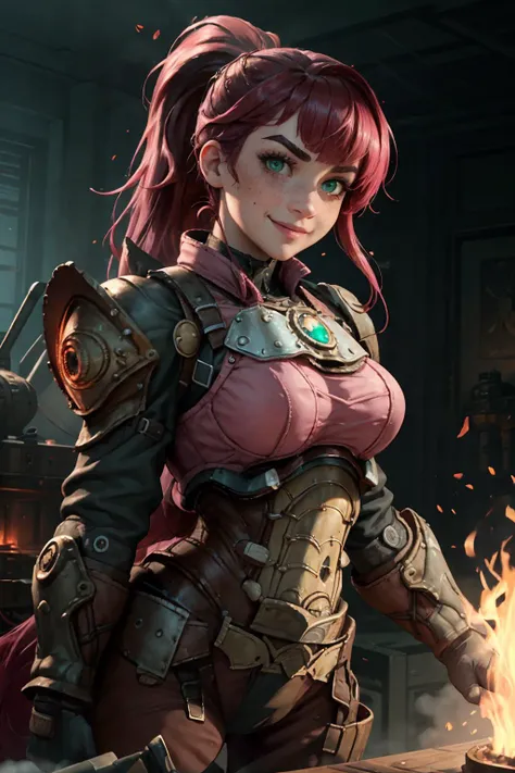 highres, masterpiece, perfect lighting, bloom, cinematic lighting, adult, female, looking at viewer, dynamic pose, (RSEEmma:1.5),<lora:RSERomantic_RSESofiko_RSEEmma-v1:0.3>, pink steampunkai edgHalo_armor, pink steampunkai power armor, wearing pink steampunkai edgHalo_armor, vivid green eyes, thick eyebrows, freckles, bangs, black hair:pink hair, long flowing hair, ponytail, :), smile, <lora:edgHaloArmors:1> <lyco:PunkBundleAI:0.4>