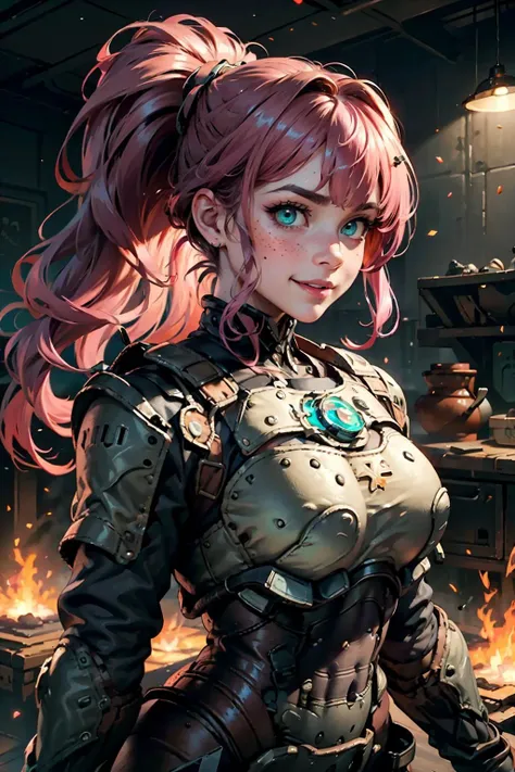 highres, masterpiece, perfect lighting, bloom, cinematic lighting, adult, female, looking at viewer, dynamic pose, (RSEEmma:1.5),<lora:RSERomantic_RSESofiko_RSEEmma-v1:0.3>, pink steampunkai edgHalo_armor, pink steampunkai power armor, wearing pink steampunkai edgHalo_armor, vivid green eyes, thick eyebrows, freckles, bangs, black hair:pink hair, long flowing hair, ponytail, :), smile, <lora:edgHaloArmors:1> <lyco:PunkBundleAI:0.4>