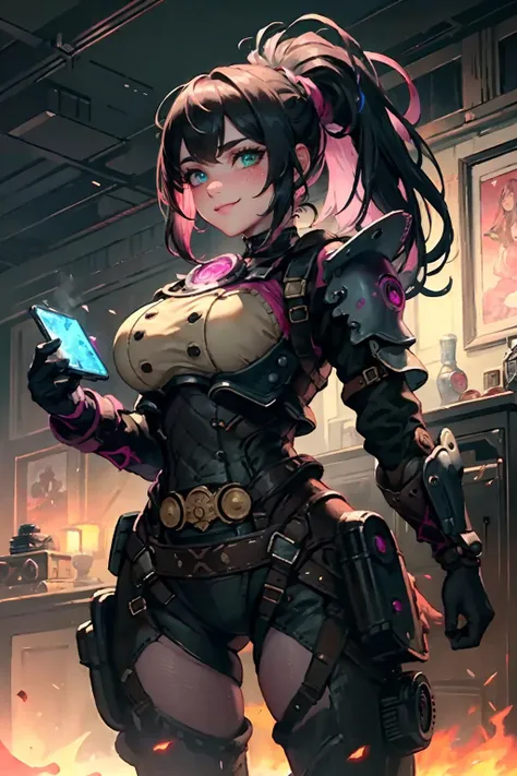 highres, masterpiece, perfect lighting, bloom, cinematic lighting, adult, female, looking at viewer, dynamic pose, (RSEEmma:1.5),<lora:RSERomantic_RSESofiko_RSEEmma-v1:0.3>, pink steampunkai edgHalo_armor, pink steampunkai power armor, wearing pink steampunkai edgHalo_armor, vivid green eyes, thick eyebrows, freckles, bangs, black hair:pink hair, long flowing hair, ponytail, :), smile, <lora:edgHaloArmors:1> <lyco:PunkBundleAI:0.4>