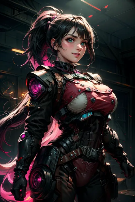 highres, masterpiece, perfect lighting, bloom, cinematic lighting, adult, female, looking at viewer, dynamic pose, (RSEEmma:1.5),<lora:RSERomantic_RSESofiko_RSEEmma-v1:0.3>, pink steampunkai edgHalo_armor, pink steampunkai power armor, wearing pink steampunkai edgHalo_armor, vivid green eyes, thick eyebrows, freckles, bangs, black hair:pink hair, long flowing hair, ponytail, :), smile, <lora:edgHaloArmors:1> <lyco:PunkBundleAI:0.4>