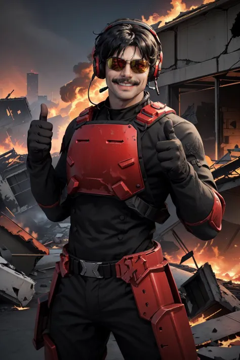 (masterpiece, best quality), intricate details,
<lora:drdisrespectlorav1_1:0.8> drdis, black hair, headset,sunglasses, male, smiling, grinning, thumbs up, headphones, mustache,
<lora:edgHaloArmors:0.8> edgHalo_armor, red power armor, wearing edgHalo_armor,
city wreckage, debris, destroyed buildings, battle, smoke, fire, 1boy,