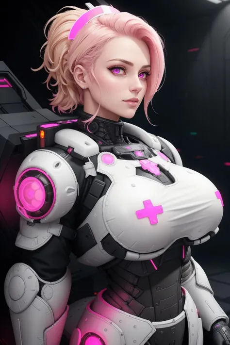 a portrait of a beautiful nurse, relaxing, goddess, edgHalo_armor,power armor, wearing edgHalo_armor <lora:edgHaloArmors:0.8>, intricate, neon, exquisite, scifi, pink eyes, blonde hair, mohawk, large breasts, ethereal background,
