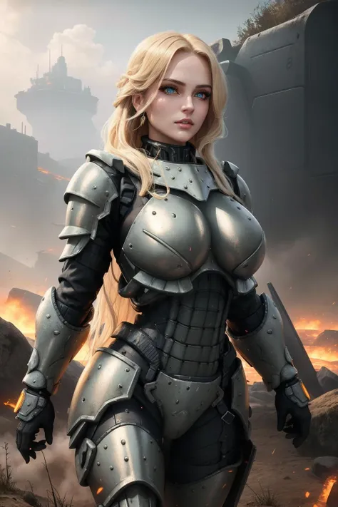 a glamour photo of a [babe|goddess], edgHalo_armor,power armor, wearing edgHalo_armor <lora:edgHaloArmors:0.8>, perfect face, pretty face, amber eyes, medium blonde hair, long hair, medium breasts, lush detail, absurdres, in a dystopian landscape,