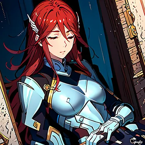 masterpiece,best_quality,hires,high_resolution,cordelia:lora,<lora:cordeliaBetaV4-055:1>, (cordelia_fe, red eyes, red hair, hair ornament), (beautiful eyes, beautiful face, highly detailed face, slim body),2d,(armor,shoulder armor,pauldrons), (inside a stable, light rays shining in, she is lying against a wall fast asleep, eyes closed, snoring:1.3)