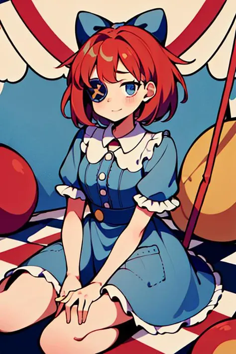 (masterpiece, best quality, highres, absurdres:1.2), <lora:Ragatha_character-20:0.6>(Ragatha, hair bow, short sleeves, dress with patches, short hair, button eyepatch), (inside circus tent, geometric shapes, checker board floor)