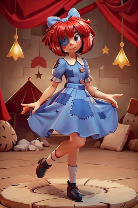 (masterpiece, best quality, highres, absurdres:1.2), <lora:Ragatha_character-20:0.8>Ragatha, hair bow, short sleeves, dress with patches, short hair, button eyepatch, (3d landscape, circus tent, geometric shapes, checker board floor)