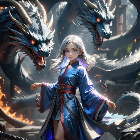 This is a 4 million pixel photo taken by a Hasselblad H6D-400c medium format camera, showing a dreamlike picture. The photos are realistic and ultra-detailed, taken in RAW format with a resolution of up to 8k, making them a masterpiece. The girl in the picture is riding a dragon, with a smile and a lovely expression. Her silver hair was long and flowing, she wore a Taoist robe, and her blue eyes sparkled. The dragon's flame effect is realistic and amazing, and the whole picture is full of mystery and fantasy. The light processing in the picture is also excellent, using techniques such as physical rendering and photon mapping to create professional-grade lighting effects. In addition, the details of the picture are extremely fine, including the girl's facial muscles and dragon scales are clearly visible. Overall, this is a photo with great visual impact and artistic value, which can be used as an 8k wallpaper or official artwork.