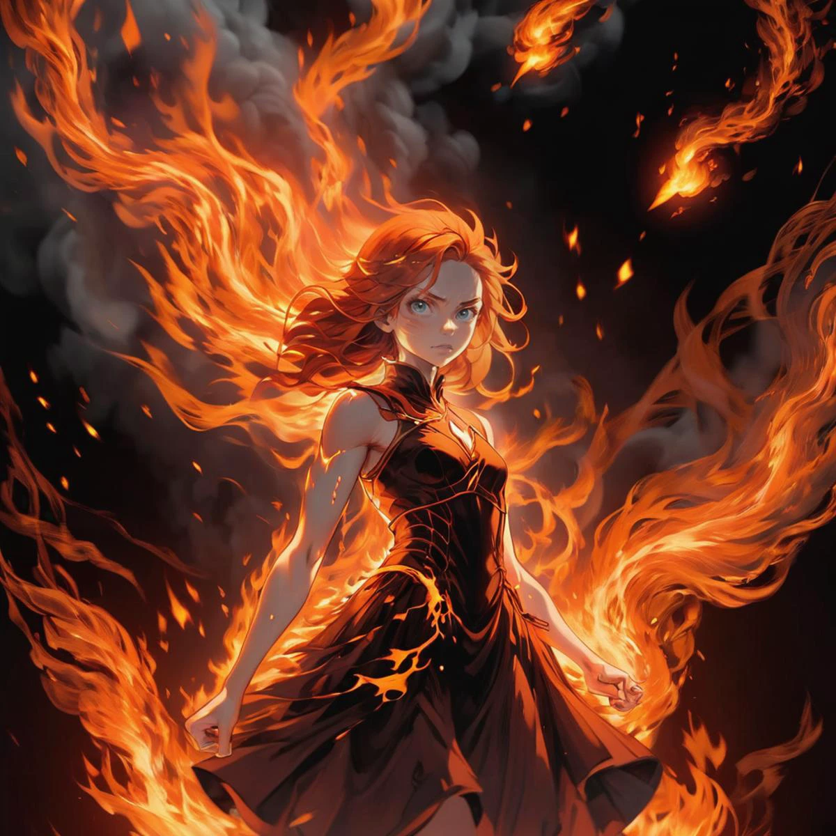 (Masterpiece, high quality, best quality, official art, beauty and aesthetics: 1.2)
This prompt emphasizes the desire for a visually stunning and aesthetically pleasing artwork of the highest quality. It suggests that the image should be considered a masterpiece and possess official art-like qualities.
(Fire element: 1.1)
This parameter specifies the inclusion of fire elements in the image, indicating a focus on the theme of fire.
(Composed of fire elements)
The image should be predominantly composed of various fire elements, showcasing the fiery nature of the subject.
(1 girl: 1.2)
The image should feature a single female character as the main subject, with a higher emphasis on her presence.
(Burning: 1.2)
The girl should be depicted in a state of burning or surrounded by flames, adding intensity and drama to the image.
(A girl was surrounded by a circle of fire with half flame and half lightning)
The specific scene described involves a girl being encircled by a ring of fire, with one half of the flames transitioning into lightning, creating a visually striking contrast.
(Transparency: 1.2)
The image should incorporate elements of transparency, possibly allowing the fire and lightning to partially reveal the background or other objects.
(Fire, molten rock)
The image should include depictions of fire and molten rock, further emphasizing the theme of heat and intensity.
(Composed of elements of thunder)
In addition to fire, the image should also incorporate elements related to thunder or electricity, adding an extra layer of power and energy.
(Flame skin, flame print, fiery hair)
The girl's appearance should reflect the fire theme, with features such as flame-like patterns on her skin or clothing, and fiery hair.
(Smoke, cloud)
The image can include elements of smoke and clouds, adding to the atmosphere and enhancing the overall composition.
(UKL, cleavage)
These terms refer to specific character design details, indicating a desire