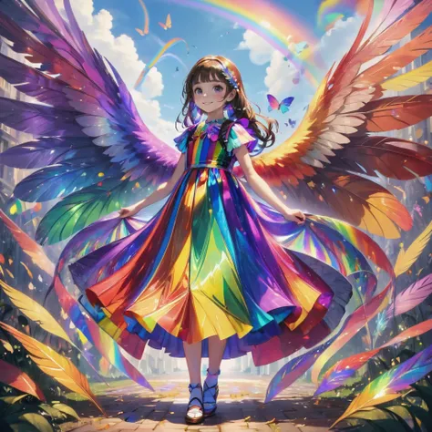A girl was wearing a colorful dress with colorful patterns and lines. Behind her is a pair of super large colorful wings, each of which shines with different colors, such as red, orange, yellow, green, blue, purple, etc., giving people a dreamlike feeling. Some feathers are falling in the sky, and they also inherit the colorful colors of their wings and fall on the ground to form a beautiful rainbow path. The girl stood confidently, her eyes sparkling with courage and determination, her smile brimming with vigor and joy. The whole scene is full of fantasy and magic, showing the girl's unique personality and cool style.