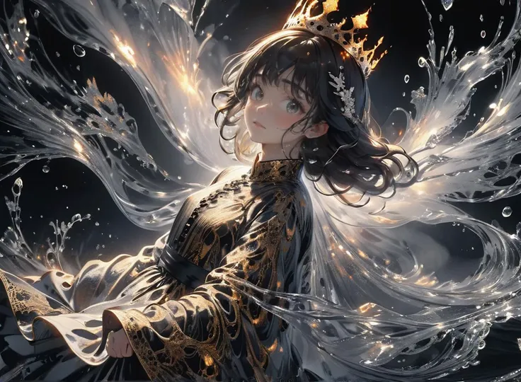 This is a work of art with great beauty and detail, show beautiful light, detailed ice surface, beautiful water surface, breeze, splashing water, flying petals, wind, burning forest, sparks, light leakage, burning sky, flames, burning flames around, flying sparks, melting, black and white melting, wearing black and white robe, gold and silver lace, gold and silver lace lace, flowing black and white background, etc. In addition, the picture also shows an extremely detailed and gorgeous crown, increasing the luxury of the picture. In general, this is a work of great visual impact and artistic value, suitable for use as a work of art or wallpaper.