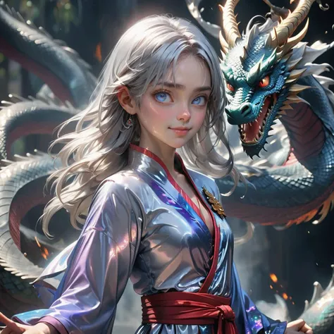 This is a 4 million pixel photo taken by a Hasselblad H6D-400c medium format camera, showing a dreamlike picture. The photos are realistic and ultra-detailed, taken in RAW format with a resolution of up to 8k, making them a masterpiece. The girl in the picture is riding a dragon, with a smile and a lovely expression. Her silver hair was long and flowing, she wore a Taoist robe, and her blue eyes sparkled. The dragon's flame effect is realistic and amazing, and the whole picture is full of mystery and fantasy. The light processing in the picture is also excellent, using techniques such as physical rendering and photon mapping to create professional-grade lighting effects. In addition, the details of the picture are extremely fine, including the girl's facial muscles and dragon scales are clearly visible. Overall, this is a photo with great visual impact and artistic value, which can be used as an 8k wallpaper or official artwork.