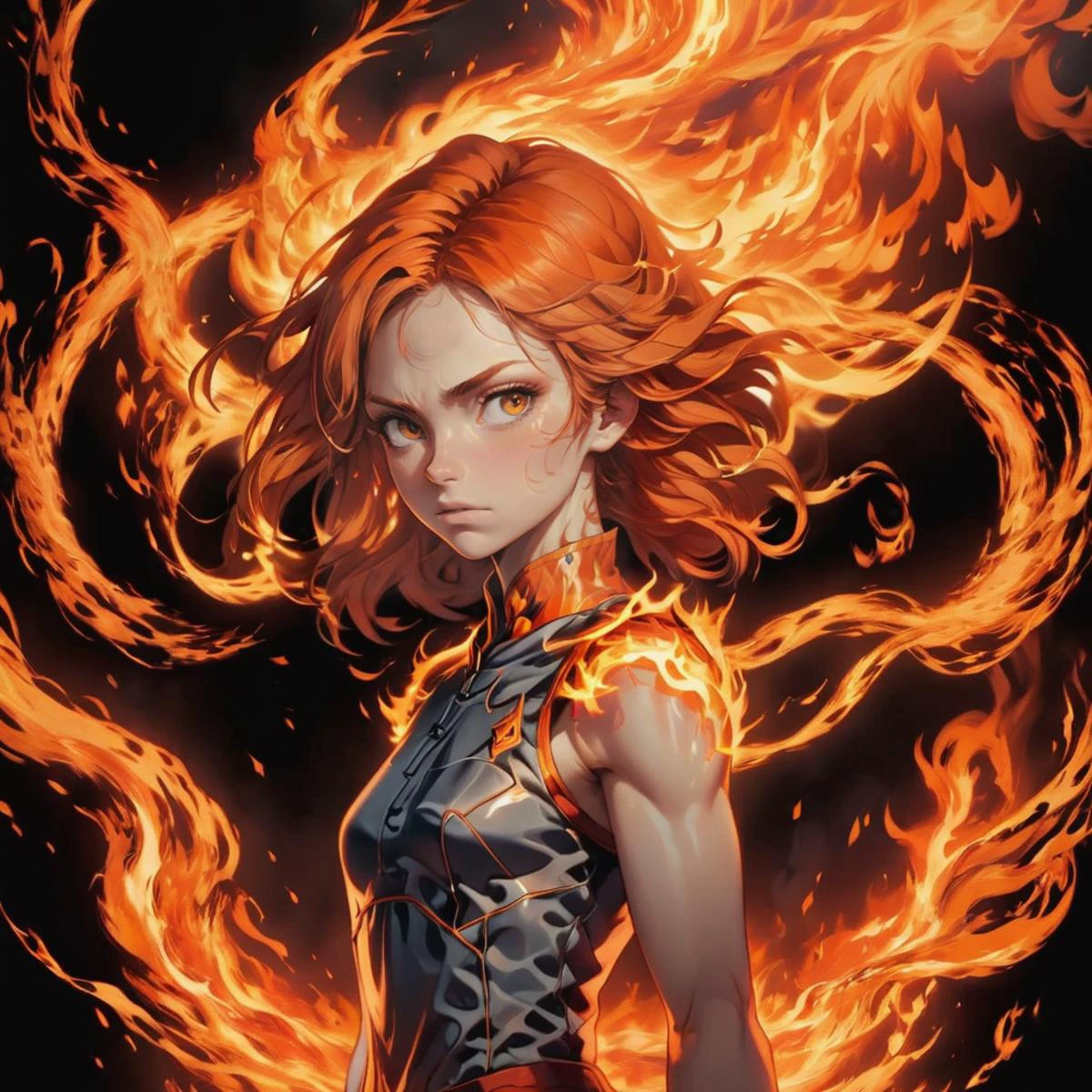 (Masterpiece, high quality, best quality, official art, beauty and aesthetics: 1.2)
This prompt emphasizes the desire for a visually stunning and aesthetically pleasing artwork of the highest quality. It suggests that the image should be considered a masterpiece and possess official art-like qualities.
(Fire element: 1.1)
This parameter specifies the inclusion of fire elements in the image, indicating a focus on the theme of fire.
(Composed of fire elements)
The image should be predominantly composed of various fire elements, showcasing the fiery nature of the subject.
(1 girl: 1.2)
The image should feature a single female character as the main subject, with a higher emphasis on her presence.
(Burning: 1.2)
The girl should be depicted in a state of burning or surrounded by flames, adding intensity and drama to the image.
(A girl was surrounded by a circle of fire with half flame and half lightning)
The specific scene described involves a girl being encircled by a ring of fire, with one half of the flames transitioning into lightning, creating a visually striking contrast.
(Transparency: 1.2)
The image should incorporate elements of transparency, possibly allowing the fire and lightning to partially reveal the background or other objects.
(Fire, molten rock)
The image should include depictions of fire and molten rock, further emphasizing the theme of heat and intensity.
(Composed of elements of thunder)
In addition to fire, the image should also incorporate elements related to thunder or electricity, adding an extra layer of power and energy.
(Flame skin, flame print, fiery hair)
The girl's appearance should reflect the fire theme, with features such as flame-like patterns on her skin or clothing, and fiery hair.
(Smoke, cloud)
The image can include elements of smoke and clouds, adding to the atmosphere and enhancing the overall composition.
(UKL, cleavage)
These terms refer to specific character design details, indicating a desire