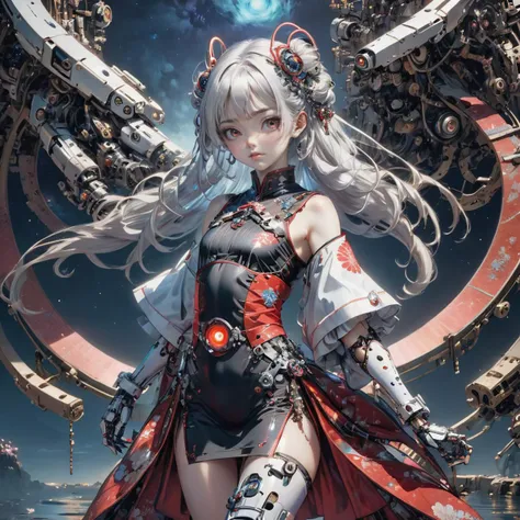 This is a great visual impact and artistic value of 8K CG wallpaper, can be called a masterpiece. The picture shows excellent quality and super detailed illustrations, with complex details and high resolution. The girl in the picture is the image of a mechanical maid, with complex mechanical parts and robot joints, including a single robotic arm, helmet, mechanical halo, star halo, etc. Her body is covered in an elaborate mechanical leotard and kimono, displaying the style of ancient Japanese architecture. Her hair is very long, white and has colored internal strands. Her eyes are red, with glowing eyeballs and eye tracks, and her expression is random and dynamic. The background of the picture is a pond and starry sky, adding to the beauty and mystery of the picture. In general, this is a work of great visual impact and artistic value, suitable for use as wallpaper or works of art.