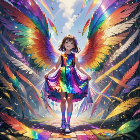 A girl was wearing a colorful dress with colorful patterns and lines. Behind her is a pair of super large colorful wings, each of which shines with different colors, such as red, orange, yellow, green, blue, purple, etc., giving people a dreamlike feeling. Some feathers are falling in the sky, and they also inherit the colorful colors of their wings and fall on the ground to form a beautiful rainbow path. The girl stood confidently, her eyes sparkling with courage and determination, her smile brimming with vigor and joy. The whole scene is full of fantasy and magic, showing the girl's unique personality and cool style.