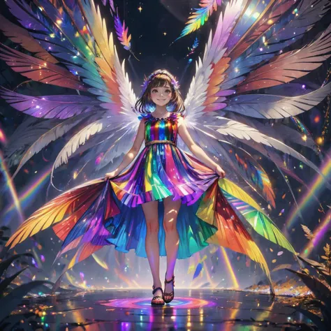 A girl was wearing a colorful dress with colorful patterns and lines. Behind her is a pair of super large colorful wings, each of which shines with different colors, such as red, orange, yellow, green, blue, purple, etc., giving people a dreamlike feeling. Some feathers are falling in the sky, and they also inherit the colorful colors of their wings and fall on the ground to form a beautiful rainbow path. The girl stood confidently, her eyes sparkling with courage and determination, her smile brimming with vigor and joy. The whole scene is full of fantasy and magic, showing the girl's unique personality and cool style.