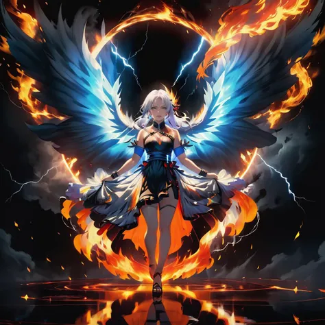 (Masterpiece, high quality, best quality, official art, beauty and aesthetics:1.2),(fire element:1.1),composed of fire elements,(1girl:1.2),(burning:1.2),((((((a girl was surrounded by a circle of fire with half flame and half lightning)))))),(transparency:1.2),fire,(molten rock),(composed of elements of thunder),flame skin,flame print,fiery hair,smoke,cloud,ukl,cleavage,a girl wrapped in flames soaring flames radiating sparks,perfect face,the perfect hand,white hair,thunder,electricity,big butterfly wings,