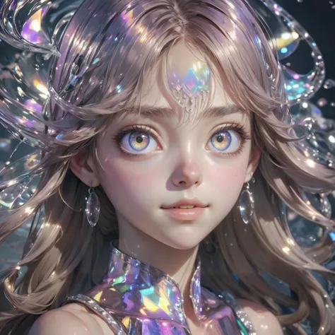 should have a realistic quality to it, with attention to detail in both the character and background.
(Ultra-detailed, UHD: 1.2)
The image should be highly detailed and of ultra-high definition (UHD) quality, ensuring a clear and crisp visual experience.
(Pixiv: 1.3)
The image should be suitable for sharing on the Pixiv platform, indicating a focus on artistic and creative content.
(Perfect illumination, distinct, Unreal Engine)
The lighting in the image should be perfectly executed, creating a distinct and visually appealing atmosphere. The use of the Unreal Engine can help achieve realistic lighting effects.
(Sidelighting, perfect face, detailed face, beautiful eyes, pretty face)
The lighting should come from the side, highlighting the girl's face and bringing out her beautiful eyes. The face should be meticulously detailed, showcasing her attractiveness.
(Bright skin: 1.3)
The girl's skin should have a bright and radiant appearance, adding to her overall beauty.
(Idol, ulzzang-6500-v1.1, soft smile)
The girl should have an idol-like presence, embodying a sense of charm and popularity. She should also have a soft and gentle smile.
(Depth of field)
The image should have a shallow depth of field, with the focus on the girl and a slightly blurred background, creating a sense of depth and drawing attention to the main subject.
(Ringed eyes: 1.4)
The girl's eyes should have a ringed or defined appearance, adding a unique and captivating element to her gaze.
(Holo, holographic hair, holographic body)
The girl's hair and body should have a holographic or iridescent quality, giving her a futuristic and ethereal appearance.
(Water, holo water, glass skin, glass)
The image should incorporate water elements, such as holo water, and the girl's skin should have a glass-like transparency, resembling glass.